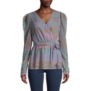 NEW Calvin Klein Womens Plus 3X Faux Wrap Belted Top In Black Latte Blouse Shirt
